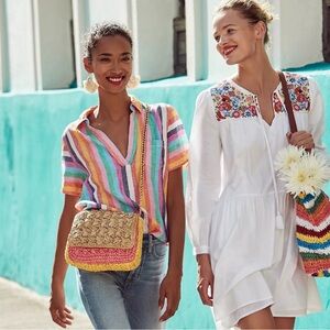 - J Crew Short-sleeve linen popover top in rainbow stripe - L